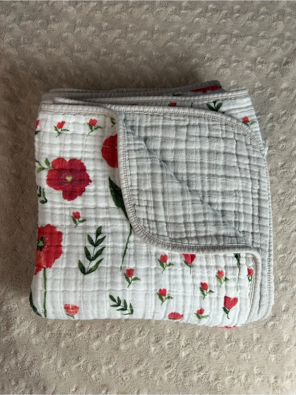 Little Unicorn Summer Poppy Muslin Quilt Baby Blanket Red Flower White Gray